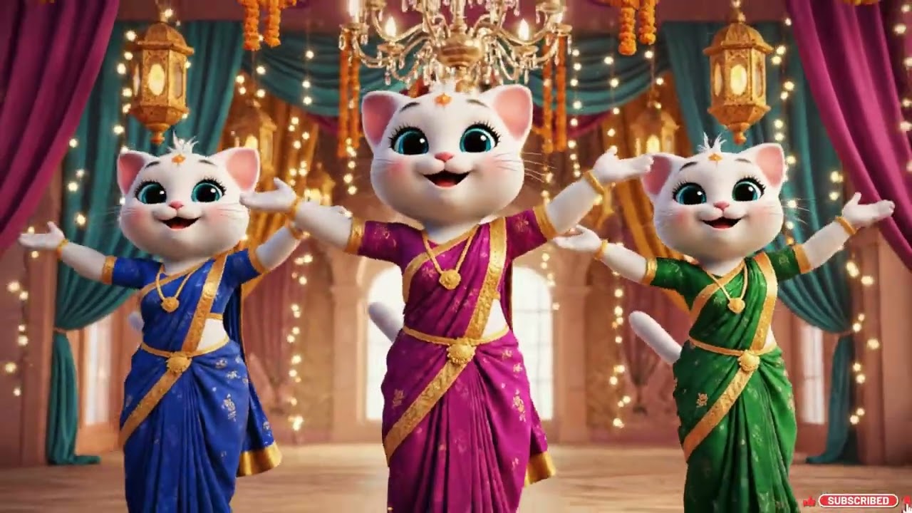 Adorable Saree Dance by Three White Cartoon Cats 
