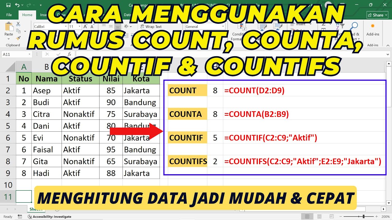 Cara Menggunakan Rumus COUNT, COUNTA, COUNTIF dan COUNTIFS di Excel untuk Menghitung Data