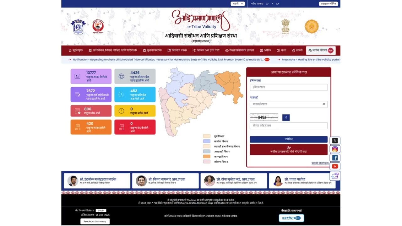 The newly developed e-Tribe Validity System for all Scheduled Tribe Certificate Scrutiny Committees