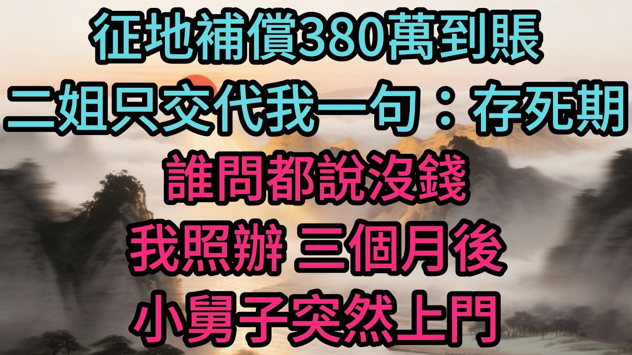 征地補償380萬到賬，二姐只交代我一句：存死期，誰問都說沒錢。我照辦。三個月後，小舅子突然上門，進門第一句話讓我後背發涼
