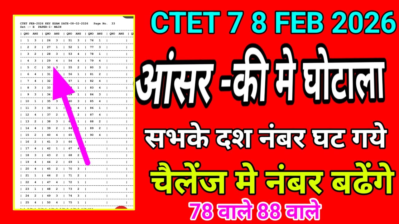 Ctet 7 8 feb 2026 // आंसर की में घोटाला // सबके 10 नंबर घट गए // चैलेंज में बढ़ेंगे नंबर , 78 88 