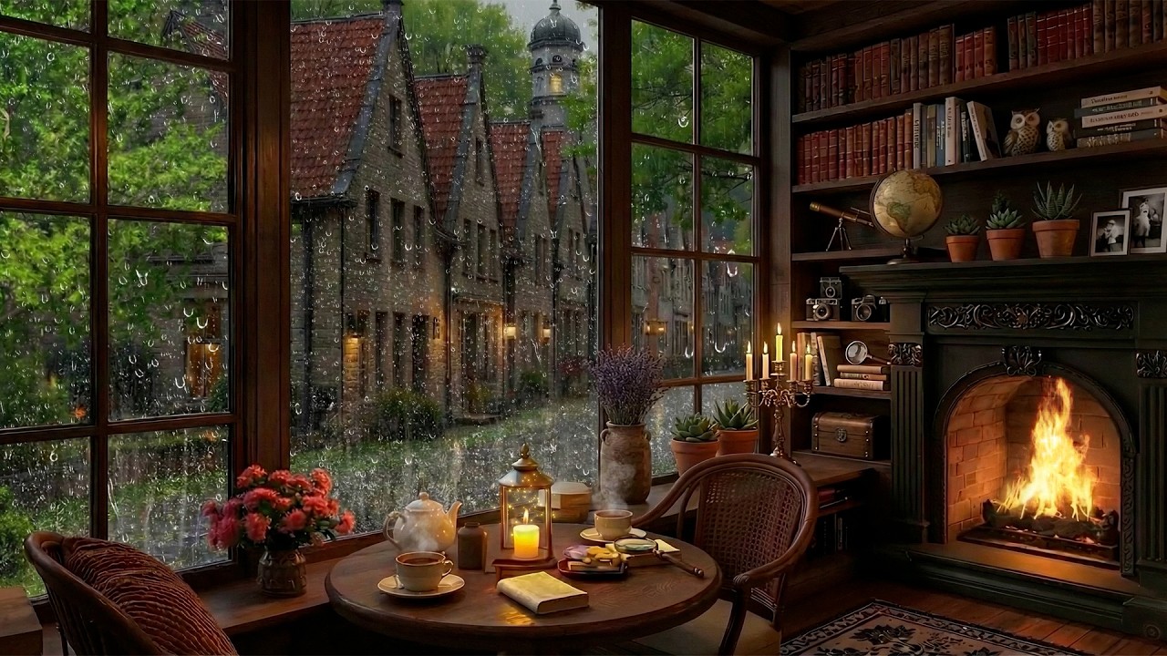 Peaceful Rainy March Evening ☕ Smooth Jazz Piano, Rain & Fireplace Ambience for Study & Work
