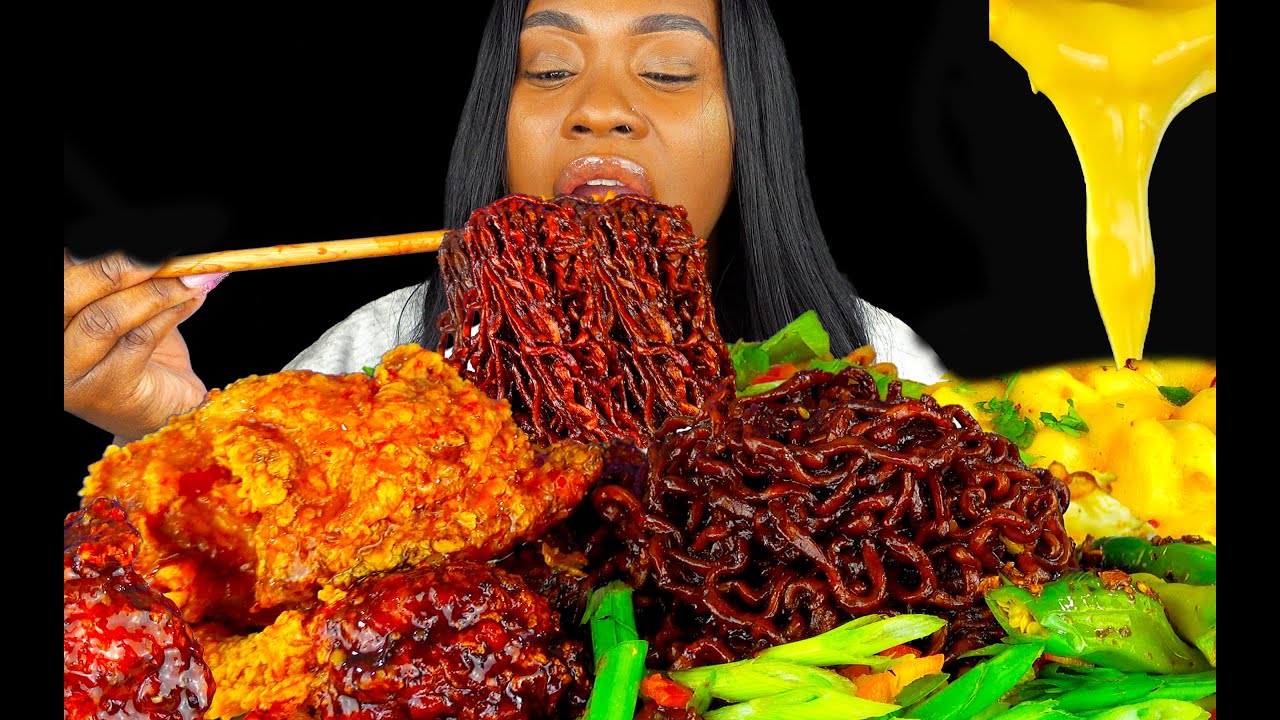CHEESY FRIED CHICKEN MUKBANG | BLACK BEAN NOODLES | jjajangmyeon mukbang | 2x SPICY NOODLE CHALLENGE