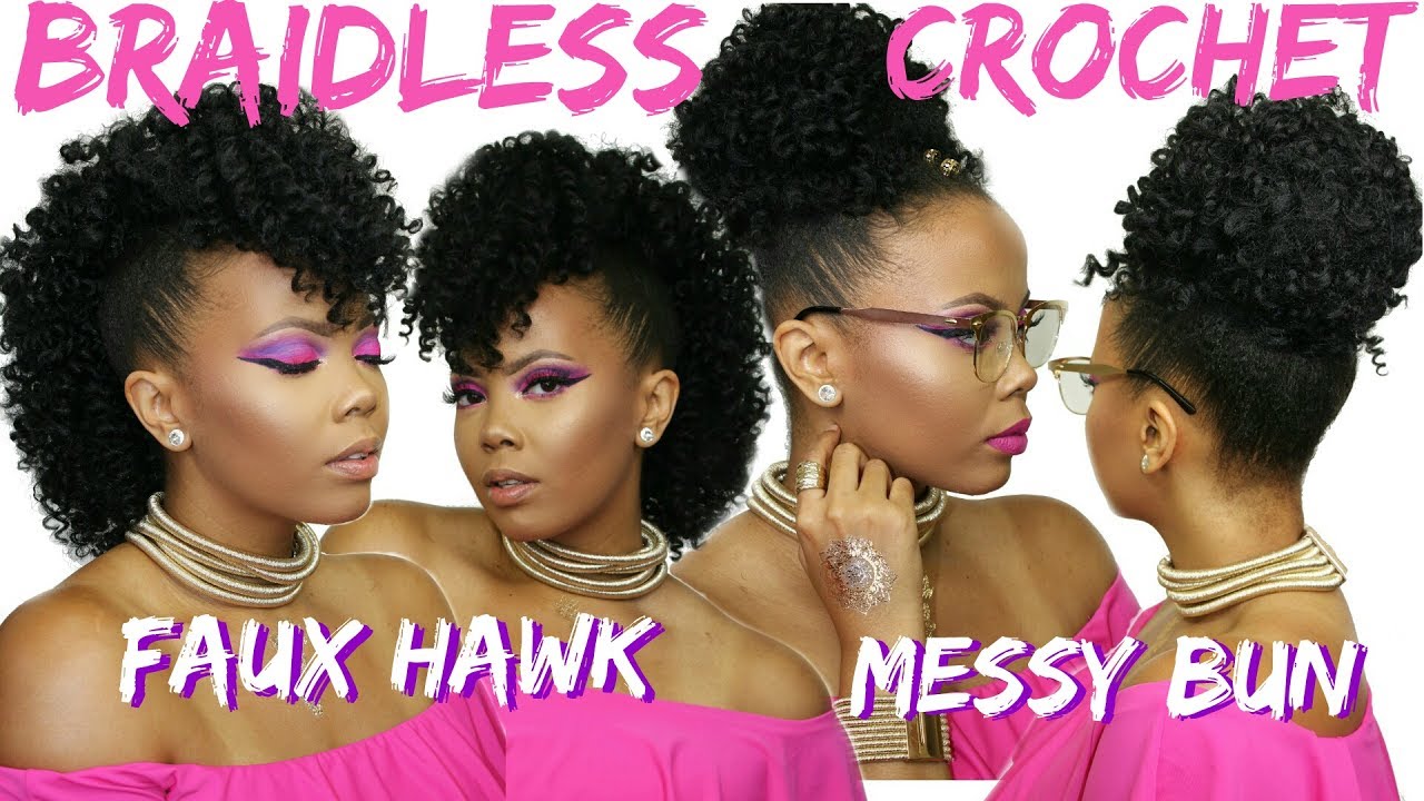 BRAIDLESS CROCHET NO CORNROWS 2-IN-1 CURLY CROCHET FAUX HAWK + HIGH BUN NATURAL HAIR UPDO |TASTEPINK