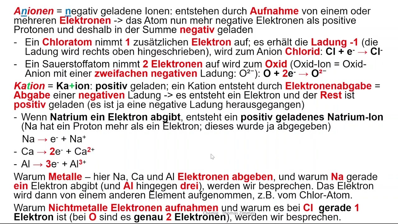 Allgemeine Chemie 2: Ionen (Kationen, Anionen); Grundz&uuml;ge Reaktionsgleichungen