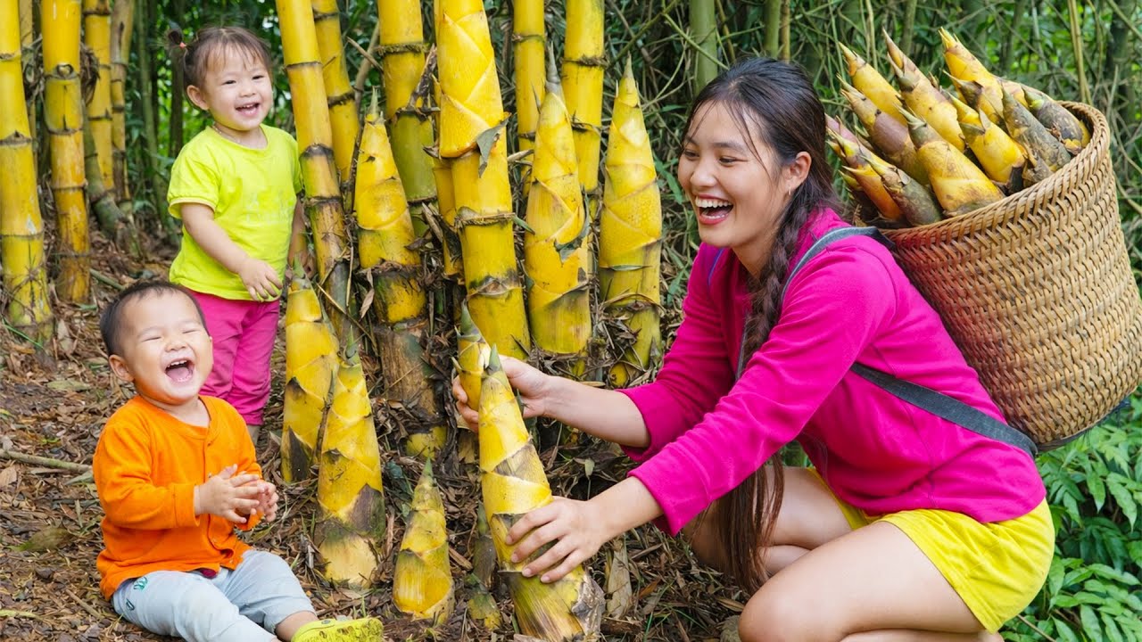 Picking Giant Bamboo Shoots with My Child for the Market & Boiling Water for Bath Time