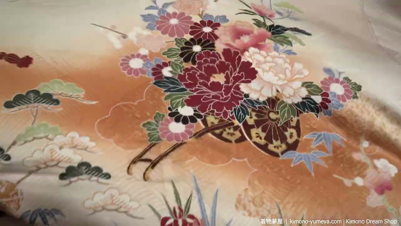 Autumn Colors Furisode Kimono Orange & Maroon on Beige Hanaguruma Filled with Chrysanthemums Peonies