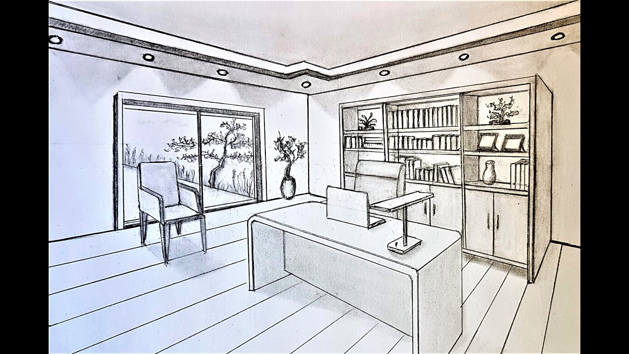 How to draw an office room in two point perspective