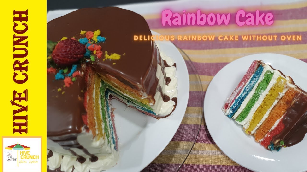 Rainbow Cake without Oven Recipe- Easy Rainbow Cake in Pan