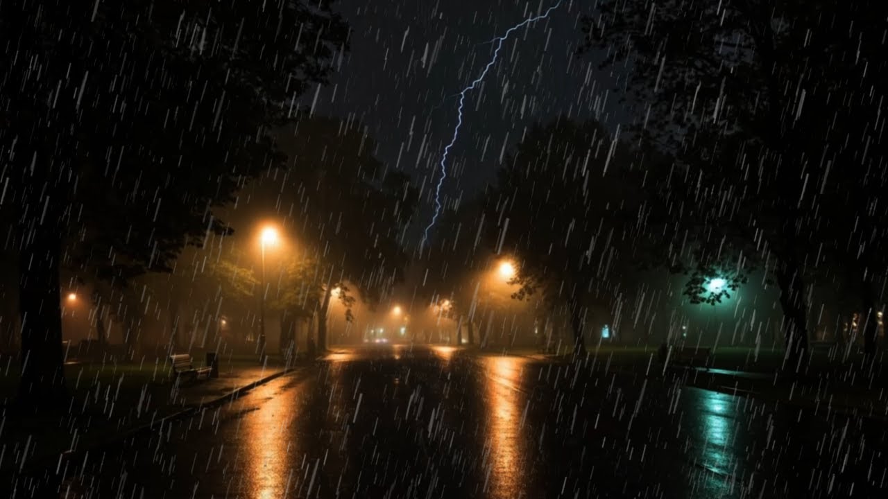 Calming Rain Sounds Beneath Dark Skies in a Quiet Park Road for Total Relaxation | ASMR