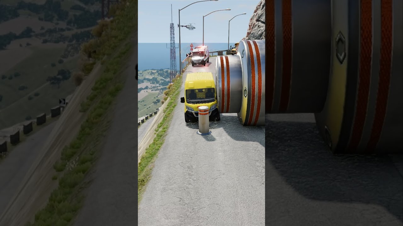Фургон DHL, грузовик и машина скорой помощи против гигантских дорожных столбов &mdash; BeamNG.Drive