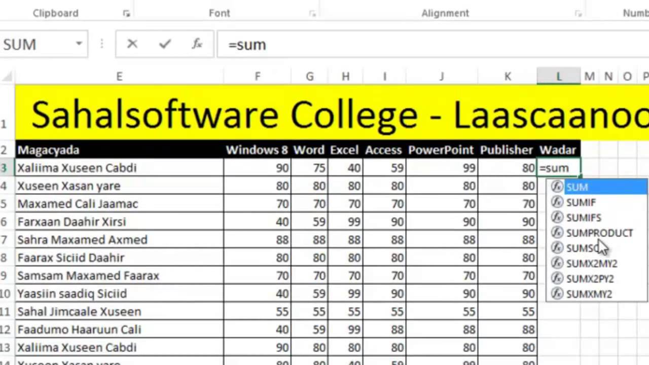 Lesson 20 Functions - Microsoft Excel 2013 - Sahalsoftware - Af soomaali