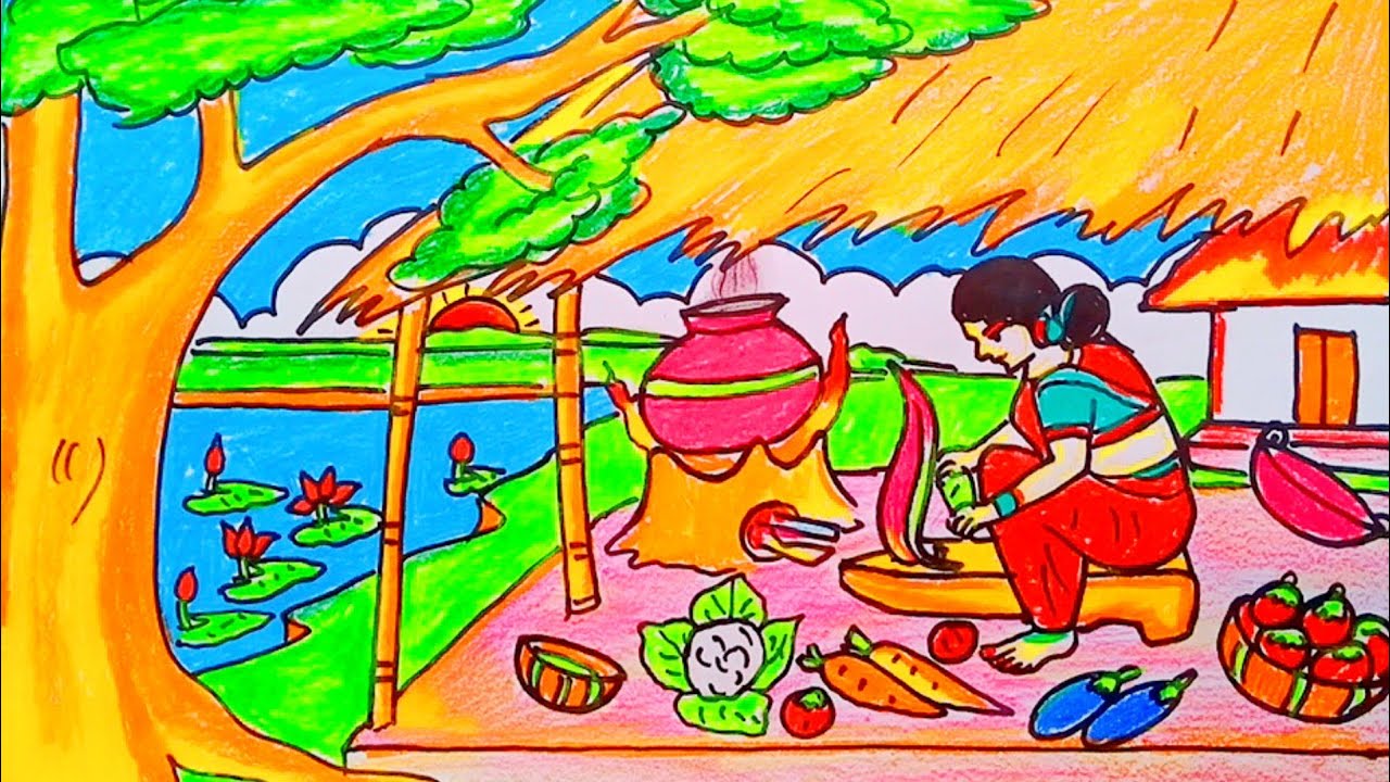 How to draw beautiful village ❤💕গ্রামিণ বধু🎄🤩অনেক সুন্দর গ্রামের দৃশ্য আঁকা 😍❤🤩