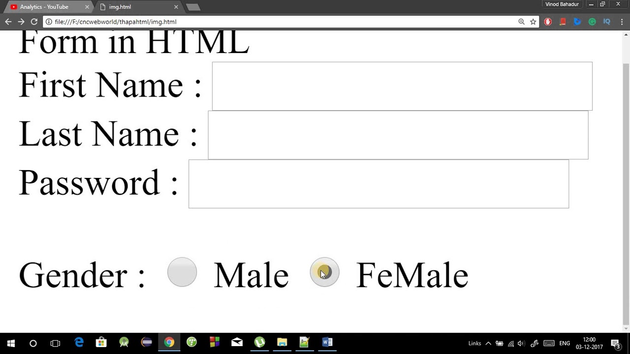 HTML tutorial in Hindi - part 8 - Form tag in html in hindi (Textbox, Password,Radiobutton,Checkbox)