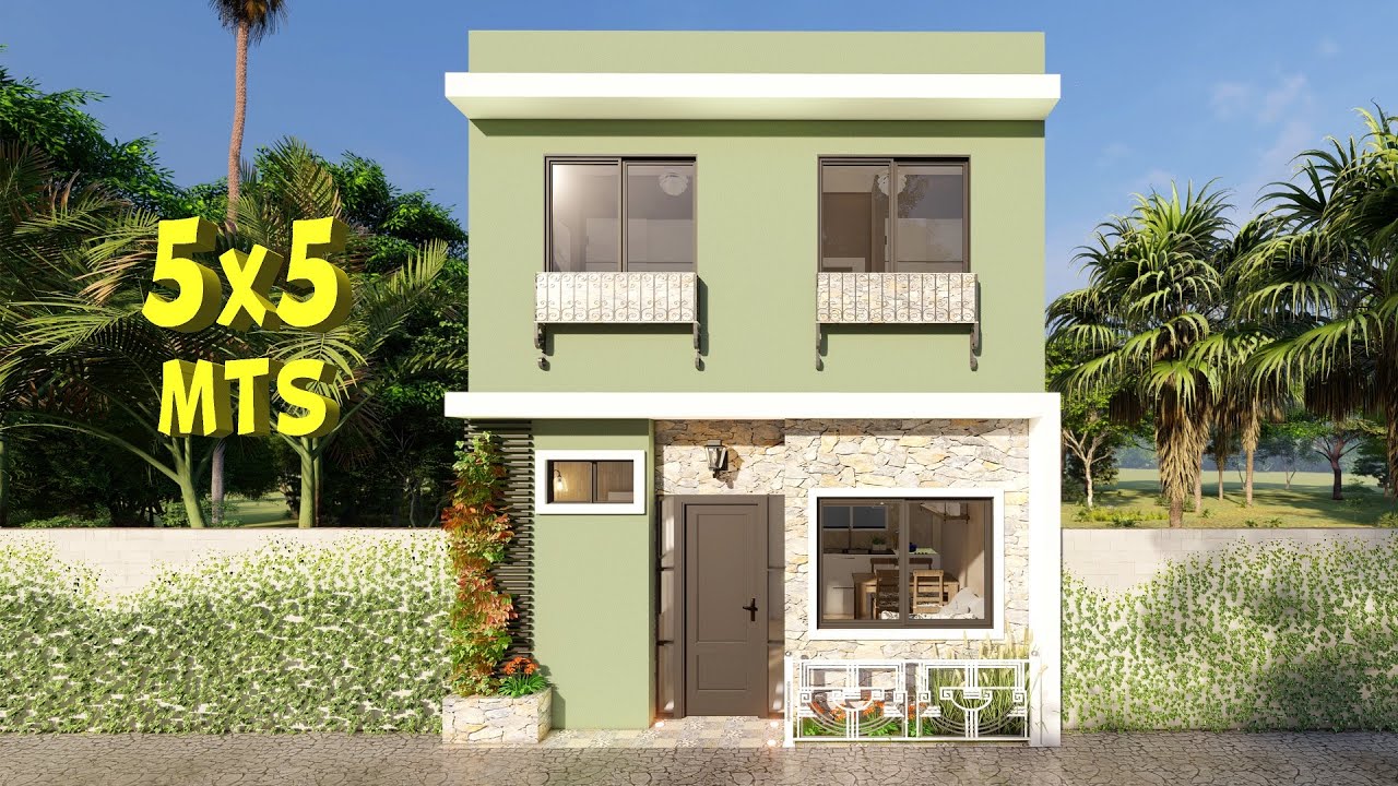 Plano de casa de 5 x 5 metros en 2 Plantas con 2 Dormitorios y 2 Baños
