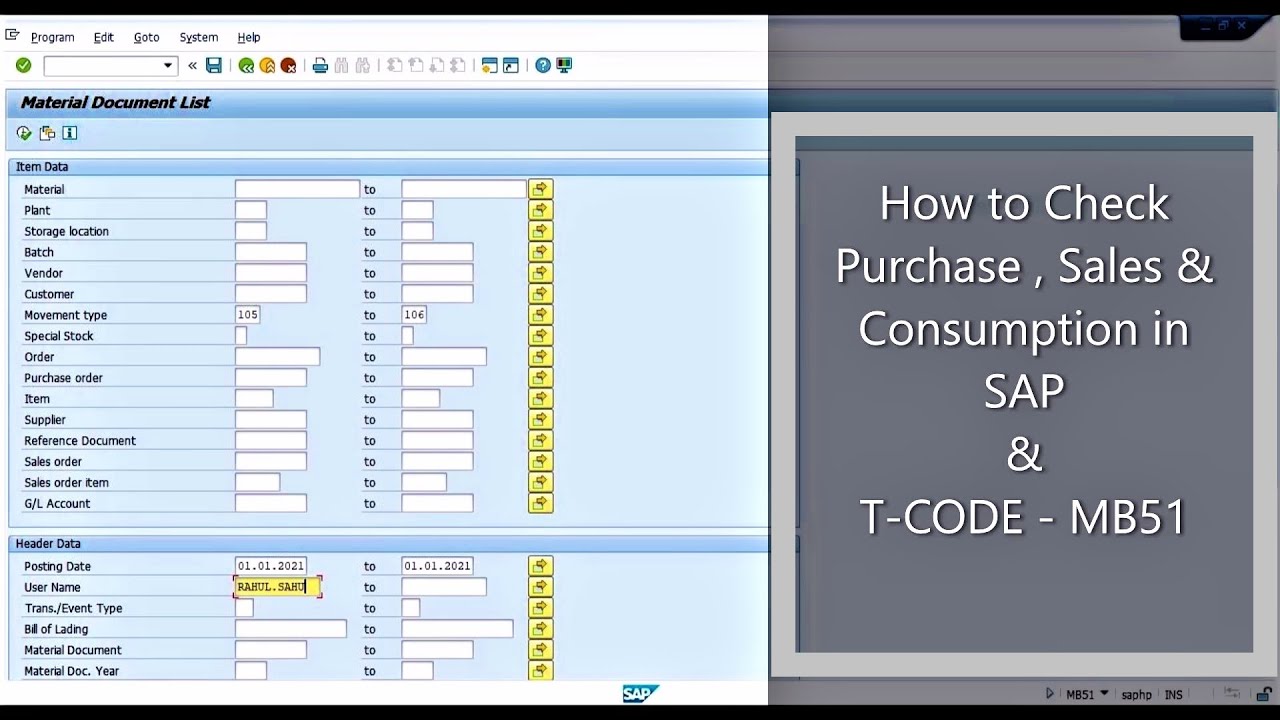 How to check Purchase and Sales in SAP : T-Code MB51