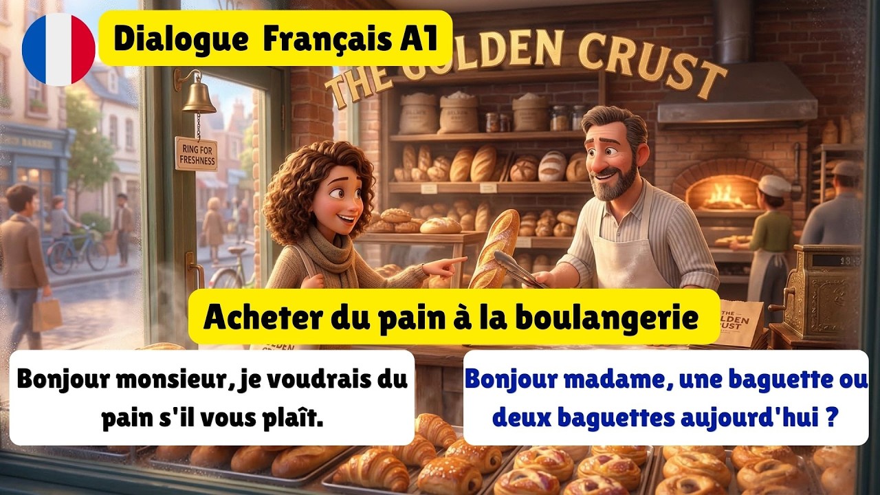 Dialogue en Français A1 | French conversation A1  : Acheter du pain à la boulangerie (Femme/Homme)