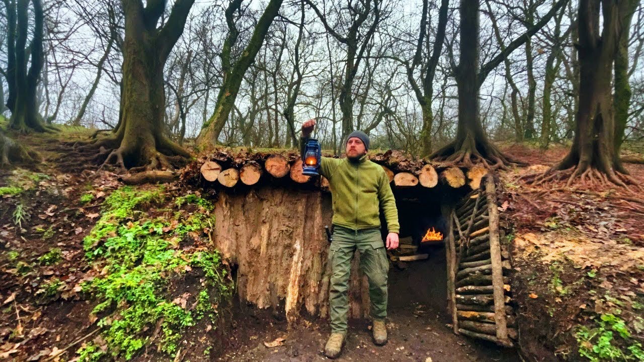 Building a Warm Secret Underground Survival Shelter. Dugout Log Cabin. Bushcraft, Survival
