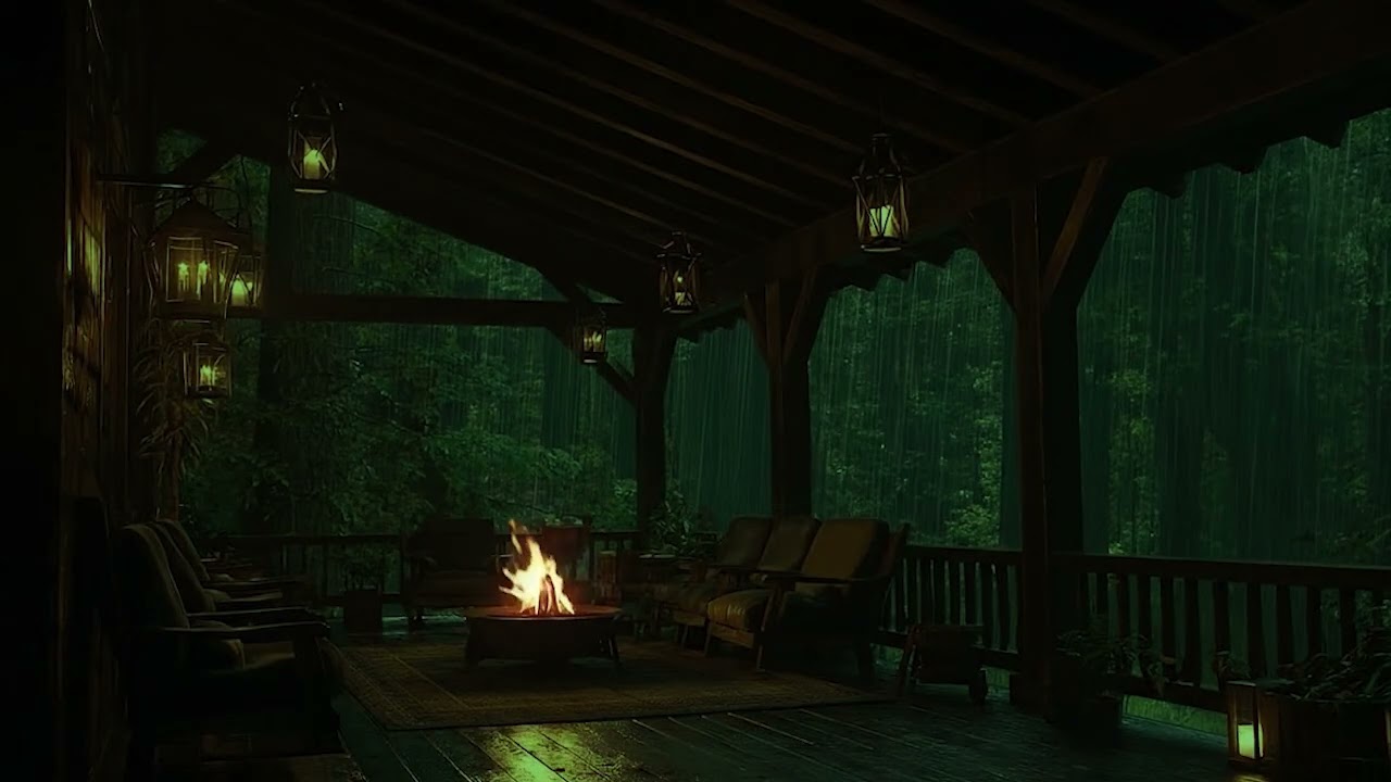 Cozy Cabin Deck at Night 🌧️ Heavy Rain and Thunderstorm Sounds for Deep Sleep