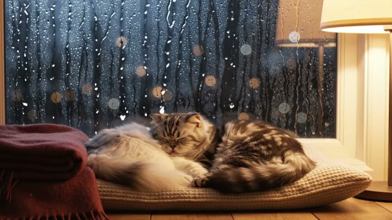 Cats Sleeping Together by a Rainy Window | Cozy Night Ambience for Deep Sleep