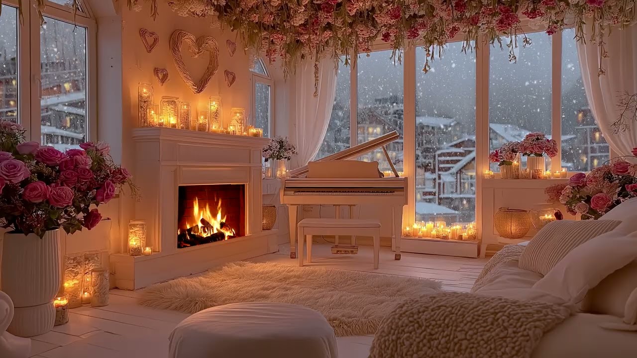 Peaceful Winter Night with Soft Piano Music & Fireplace Sounds for Focus and Deep Relaxation ❄️🌙