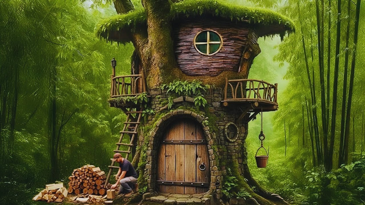 Building A Secret Room Inside a Tree Trunk Above a Waterfall | Cinematic ASMR Survival