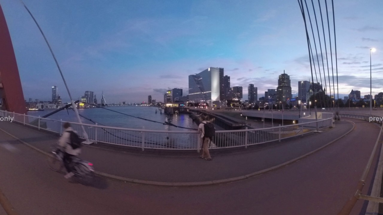 360 VR Rotterdam cityscape with Willemsbrug in the dusk, Netherlands