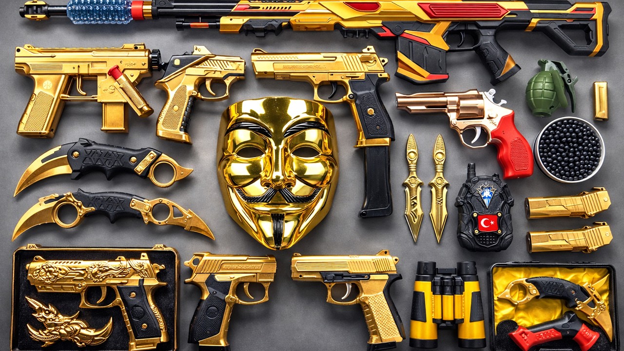 Golden Arsenal with Vendetta Mask… Gel Blaster Rifles, Pistols, Karambits & Desert Eagle 😳