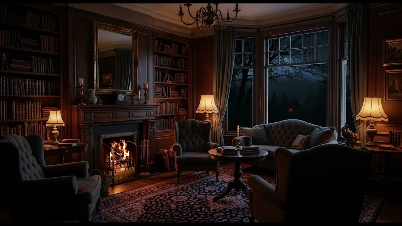Cozy Victorian Reading Room | Rain Sounds & Crackling Fireplace for Relaxation (8-hours) (HD)