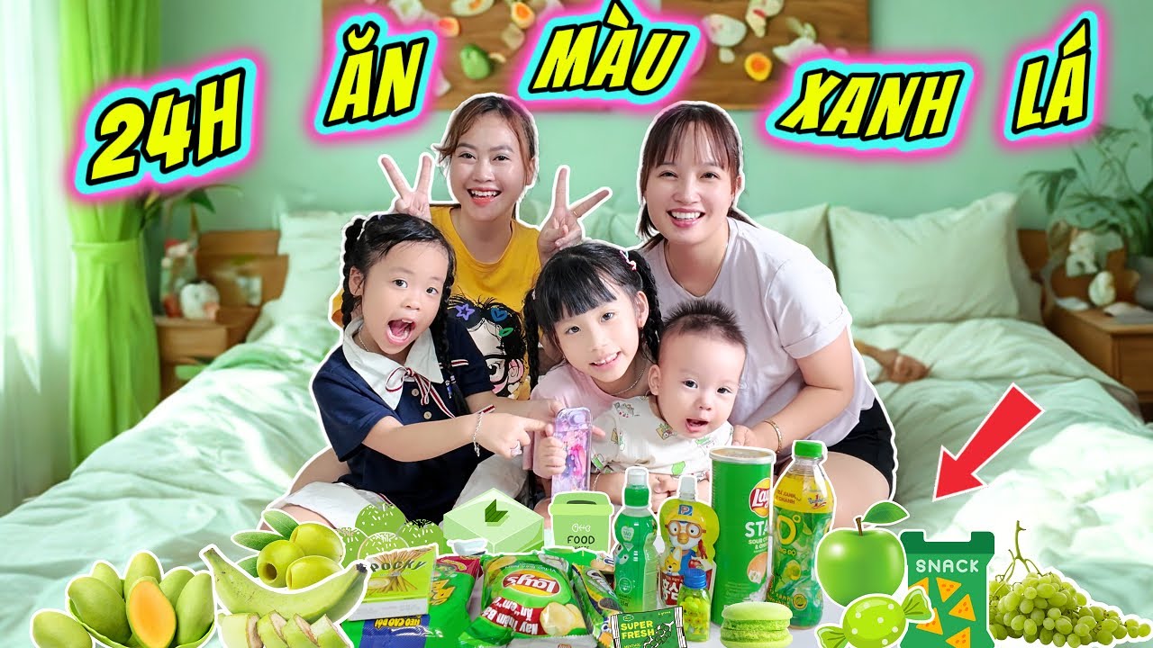Thử Thách 24H Mint Vy Và Cô Hà Hí Ở Nhà MiMi, Mẹ Huế, MiLo, Bố Hoàng Ăn Đồ Ăn Màu Xanh Lá