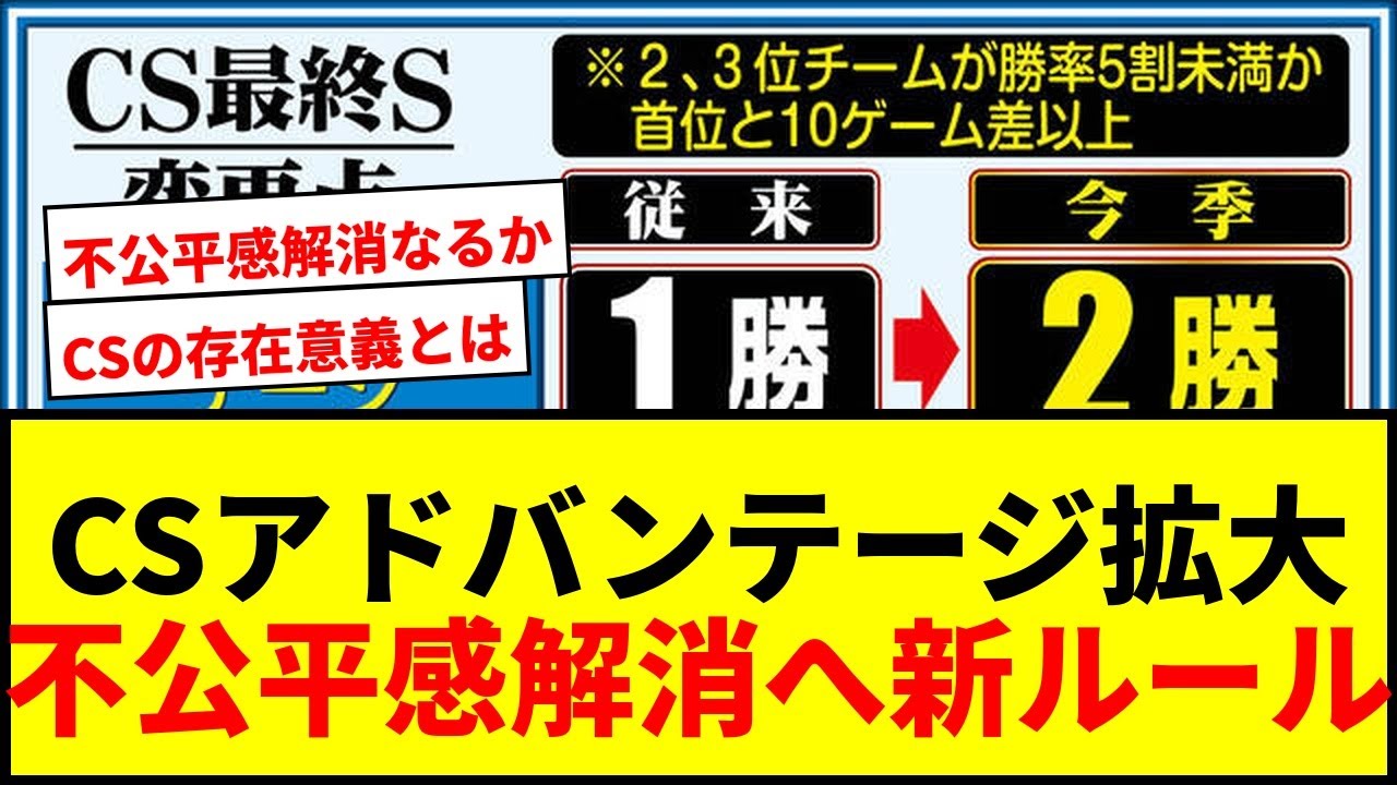 【速報】NPBがCS最終ステージで「アドバンテージ2勝」「7戦5勝」導入へ！勝率5割未満や首位に10差以上なら
