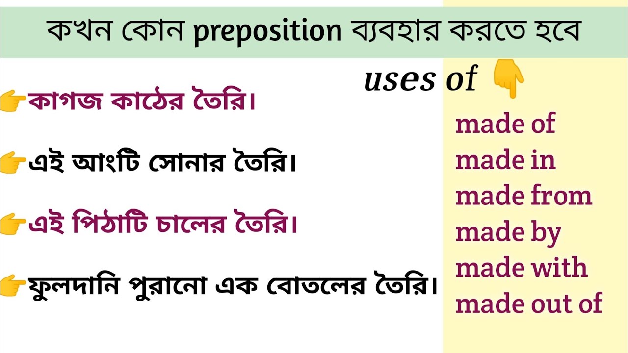 uses of made in/ made of/made by/made from/made with/made out of - prepositions in english grammar