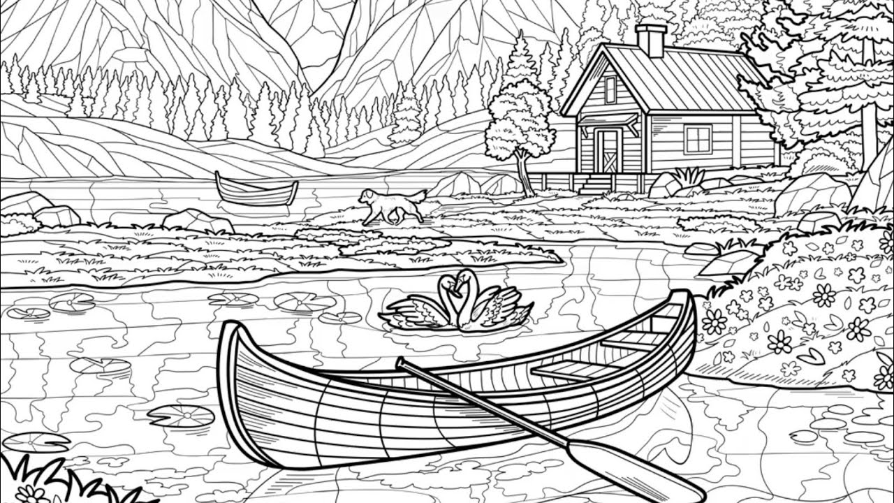 Lakeside Cabin Getaway Boat Mountains Zen Color #PaintbyNumber #coloringbook #desserts #cakes