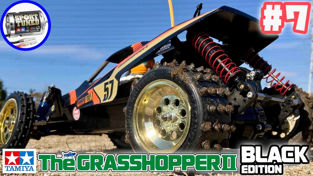 グラスホッパー2ブラックエディション #7 540スポーツチューン FOX金メッキホイール ピンスパイクタイヤ ライジングファイター!? tamiya Grass hopper 2 RC Buggy