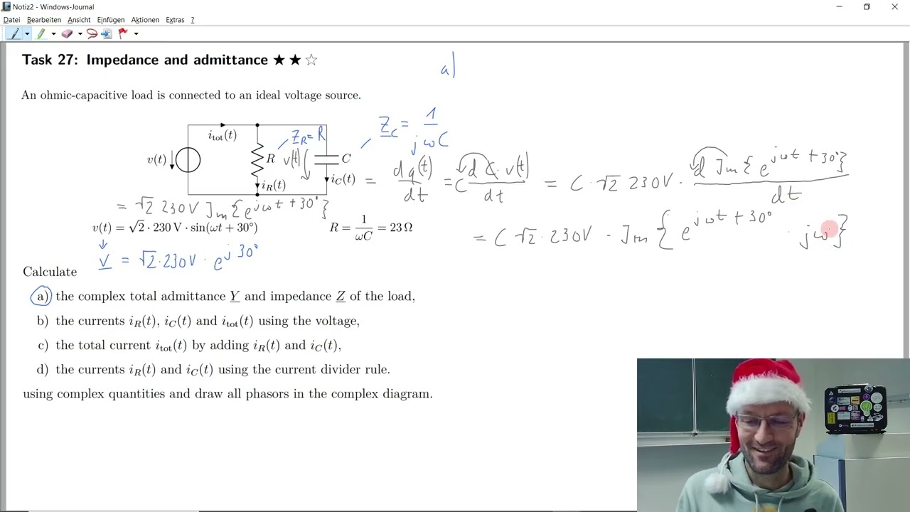 Calculation the currents inside an ohmic-capacitive parallel circuit using complex phasors in Python