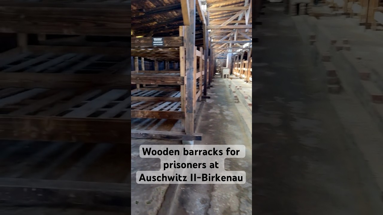 Wooden barracks for prisoners of Auschwitz II-Birkenau - silent walkthrough