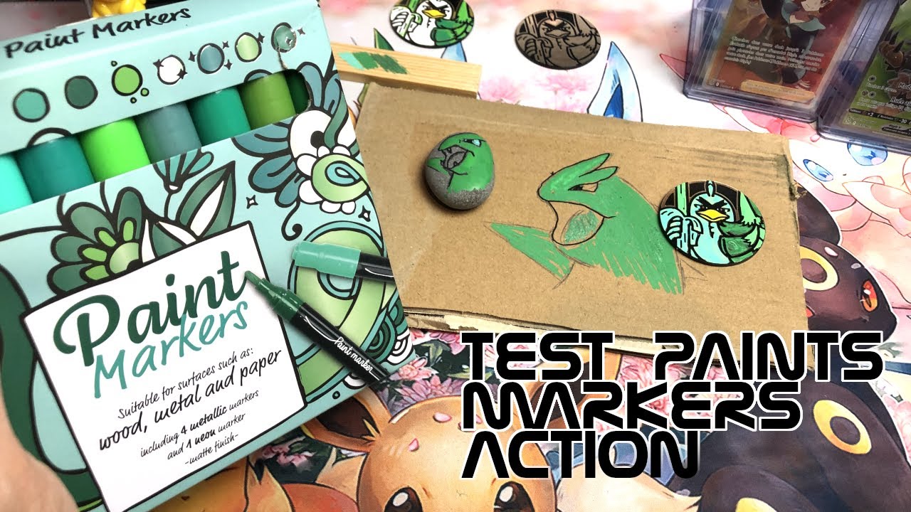 TEST PRODUIT FEUTRES ACRYLIQUE PAINTS MARKERS DE CHEZ ACTION SUR GALET CARTON PLASTIQUE BOIS METAL