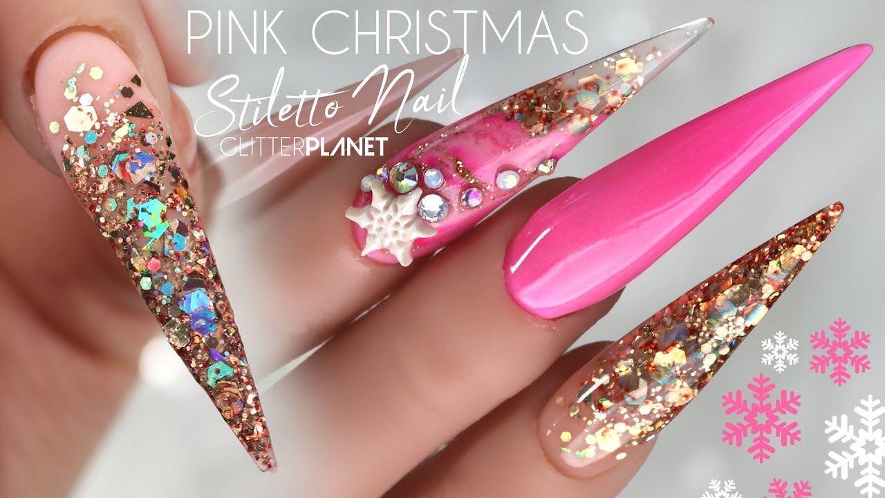 Pink & Champagne Gold Snowflake Long  Stiletto Acrylic Nails