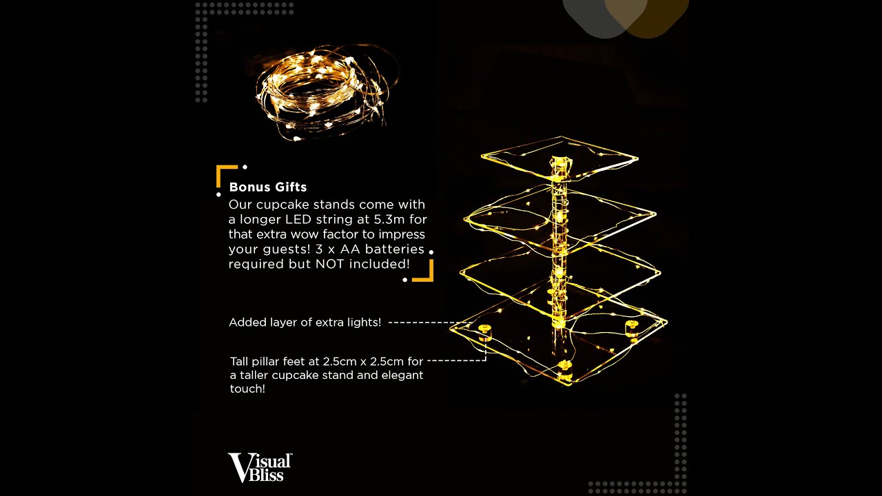 Visual Bliss 4 tier square yellow LED cupcake stand