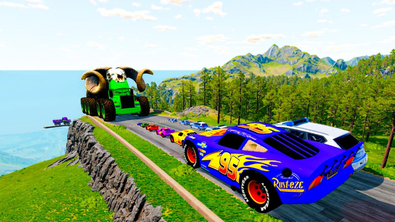 Big & Small McQueen & Police Car vs Zombie Mack, Giant Monster Mouth & Giant Sword – BeamNG.drive