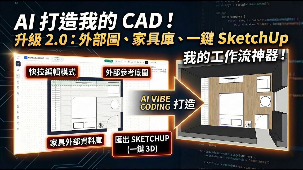 【升級2.0】AI Vibe Coding 打造我的工作流專用 CAD， 功能再升級: 一鍵 Sketchup、快速編輯、外部參考、外部家具庫