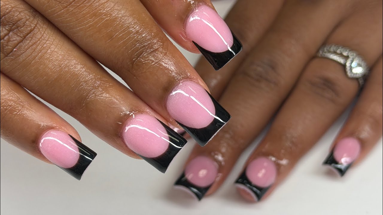 How To Do Short Pink and Black French - Acrylic Nails Tutorial  - Acrylic Nails Step by step