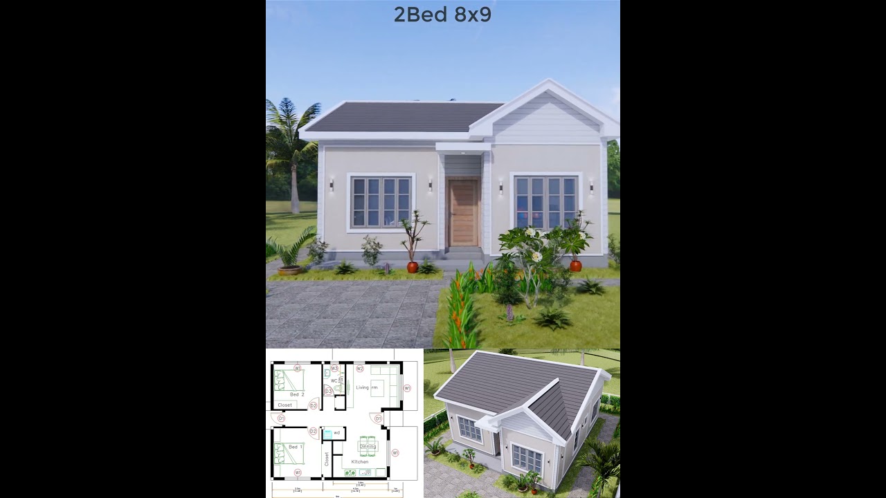 27x30 Feet Small House Plans 8x9 Meter 2 Beds 1 Bath Gable Roof #homedesign #housedesign #houseplan