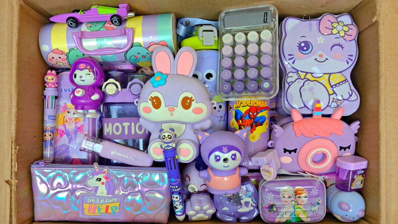 Unboxing Latest Purple Stationery, School supplies, Pencil Box, Erasner, Sharpener, Pen, Table lamp