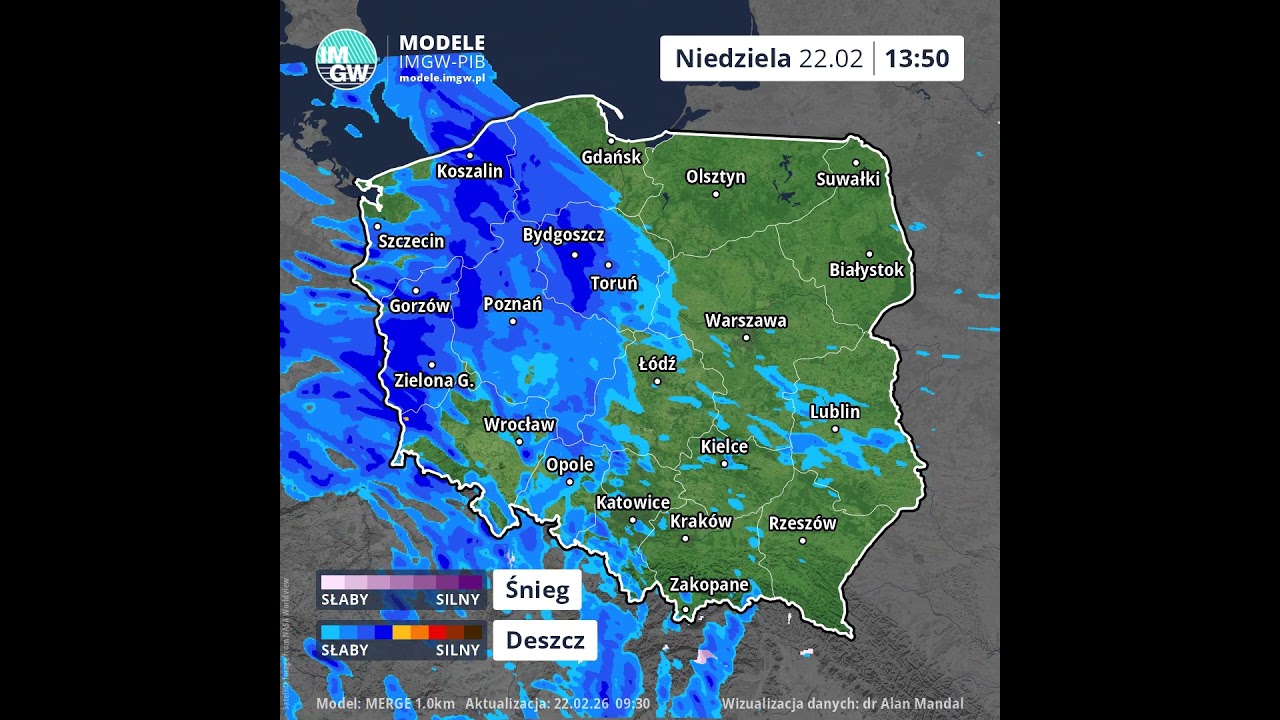 Prognoza opadu na 8 godzin (Model MERGE) 22.02.2026 #ostrzeżenia  #imgw  #ostrzeżenia  #news