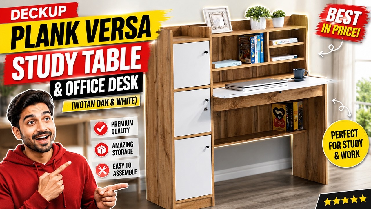 Письменный и компьютерный стол DeckUp Plank Versa из инженерной древесины, цвета дуб Вотан и белый
