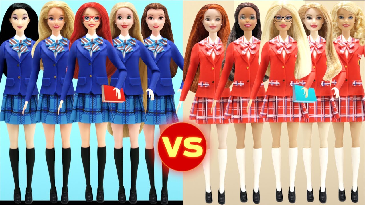Play Doh  School Uniforms Disney Princesses BLUE VS Barbie Dolls I RED  Inspired Costumes