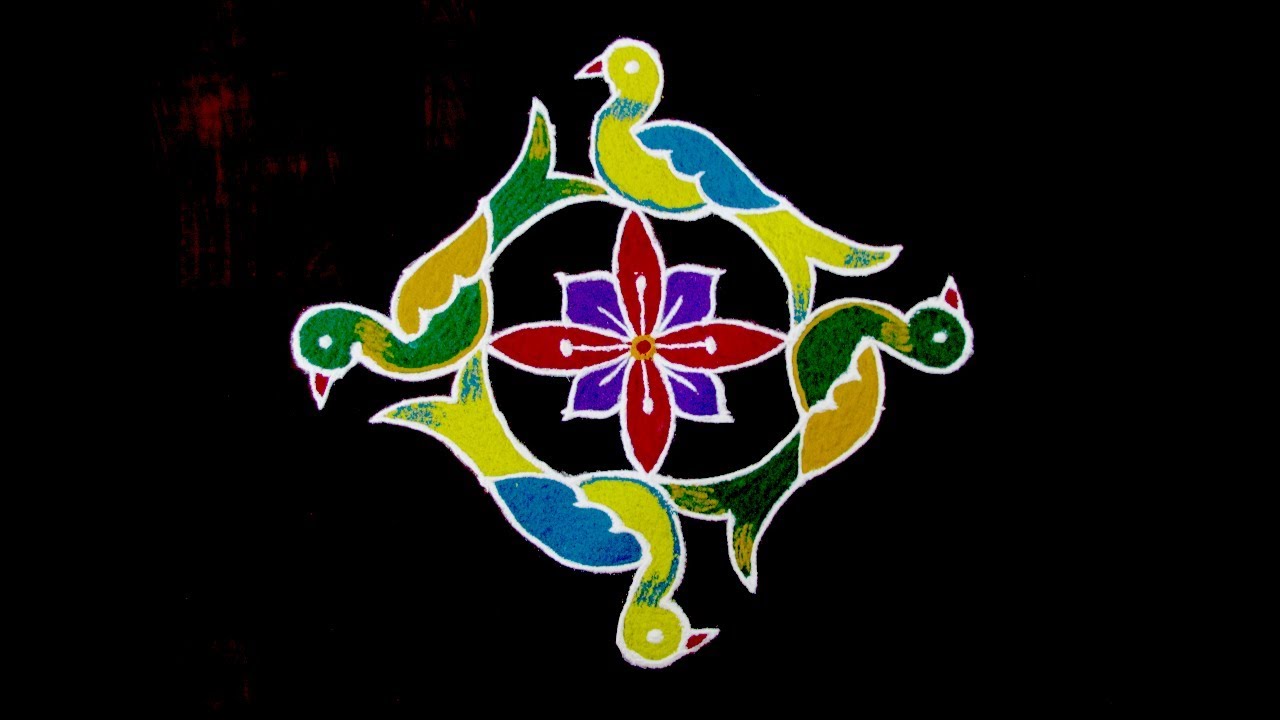 Simple Birds Rangoli With 9x1 Dots | Birds Rangoli Designs | Easy Birds Kolam With dots & Colors