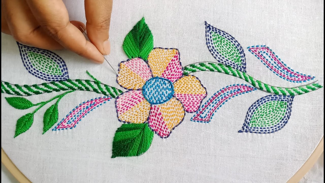 হাতে সেলাই করা নকশীকাঁথা লতাপাতার ডিজাইন,Easy Flower Nokshi Katha Hand Embroidery Designs Tutorial