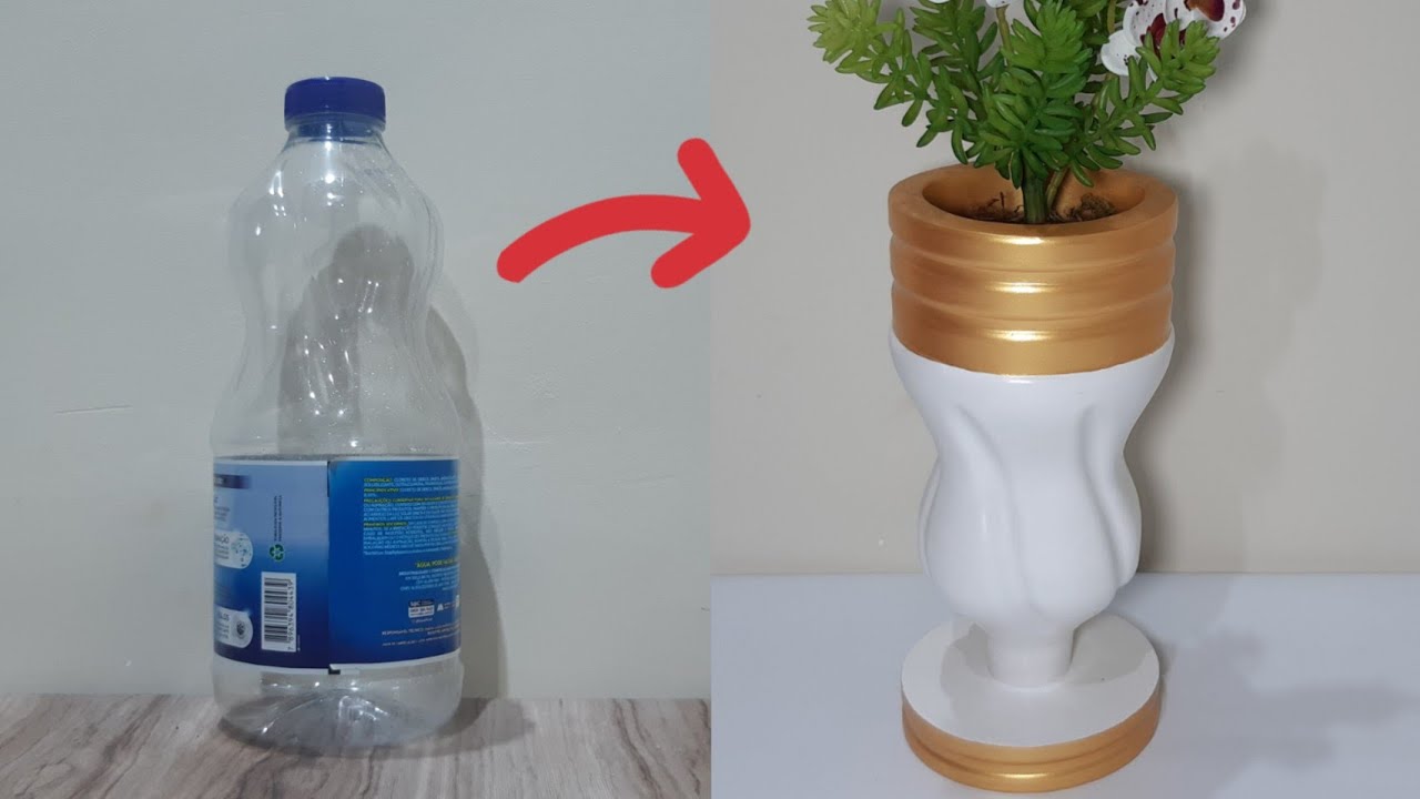 ideia de como fazer vaso decorativo de gesso e garrafa de plástico
